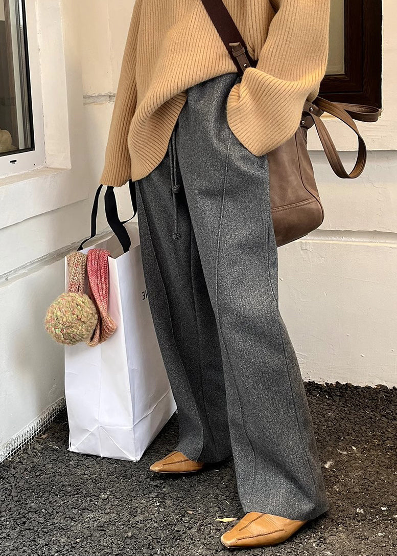 Grey Pockets Woolen Pants Elastic Waist Winter Rf019
