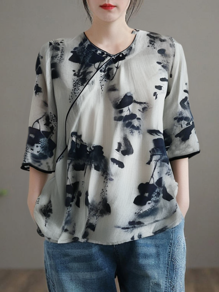Grey Button Grace Cotton Blouses O Neck Bracelet Sleeve Qr026