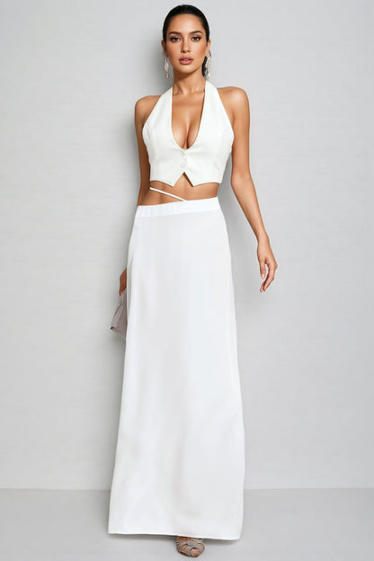 Aevorix White Halter Blazer Maxi Dress Set