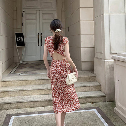 Summer Backless Midi Dress Print Split Dress Holiday Lady Beach Party Vestidos