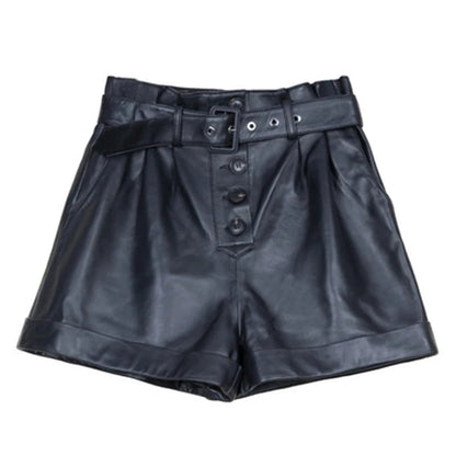 Spring and Autumn New Cotton Sheepskin High Waist Slim Belt Ruffled Genuine Leather Wide Leg Pants Outside Wearing Shorts