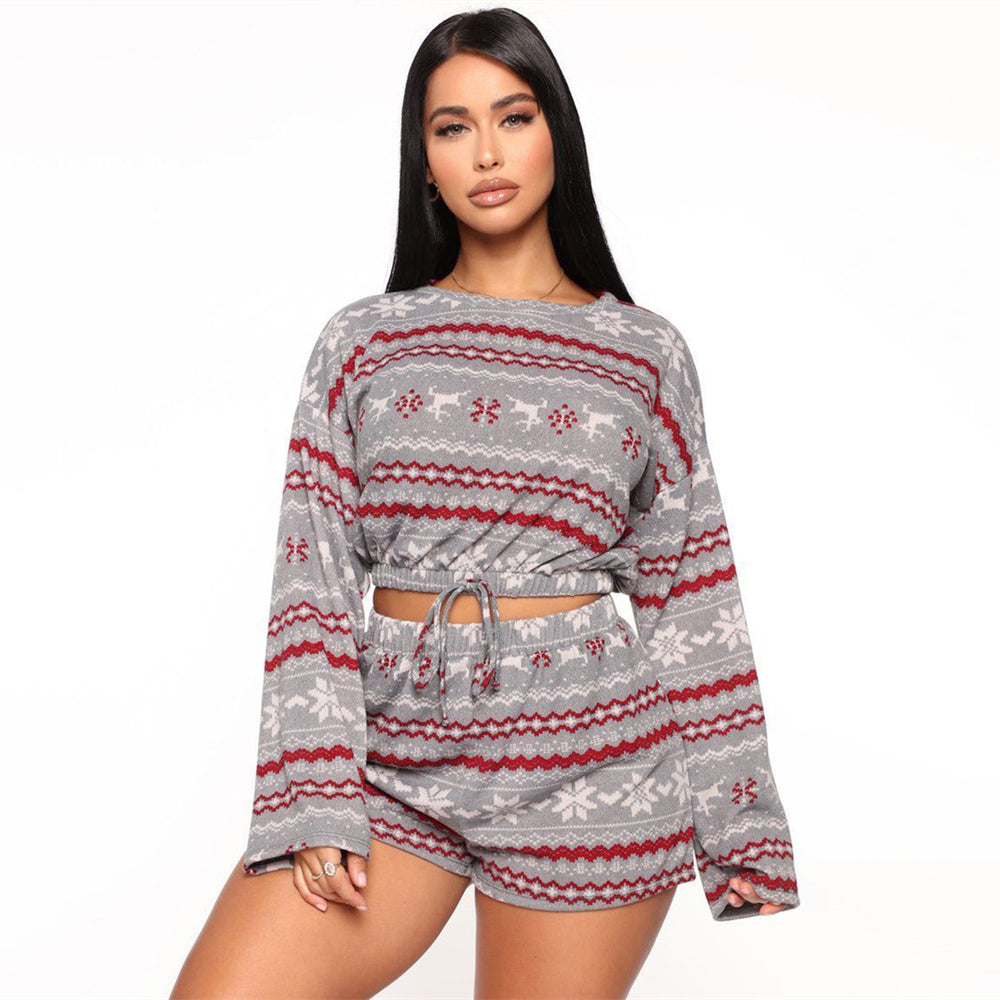 Christmas Pajama Sets Long Sleeve Crop Top Shorts 2pcs Snowflake Print Knitted