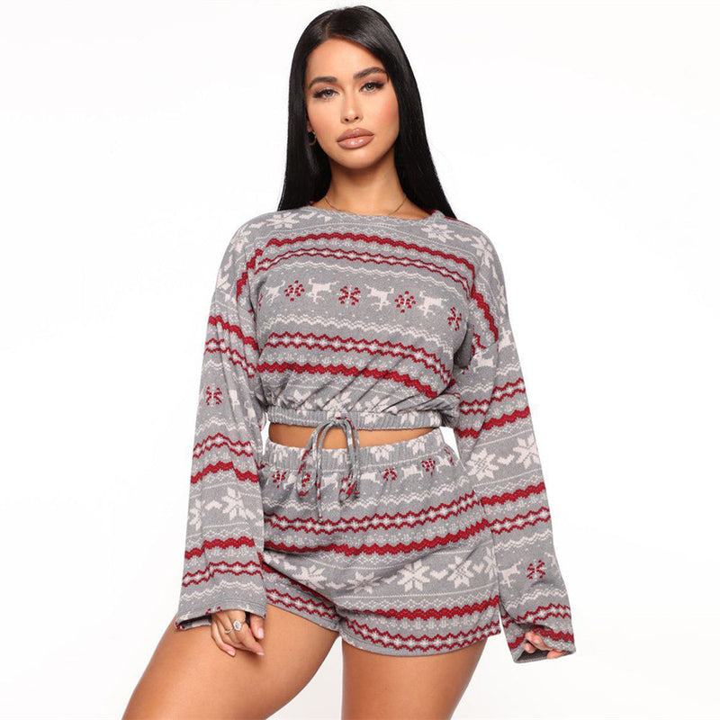 Christmas Pajama Sets Long Sleeve Crop Top Shorts 2pcs Snowflake Print Knitted