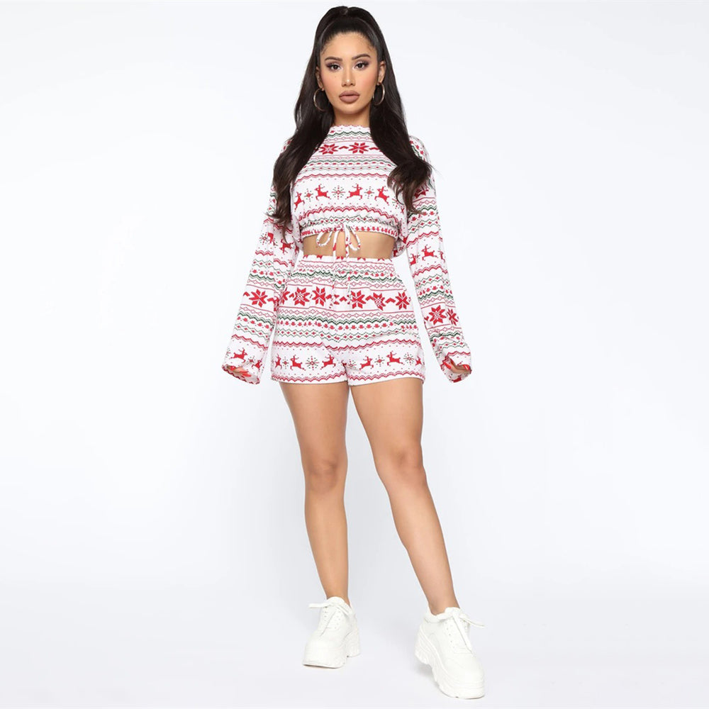 Christmas Pajama Sets Long Sleeve Crop Top Shorts 2pcs Snowflake Print Knitted