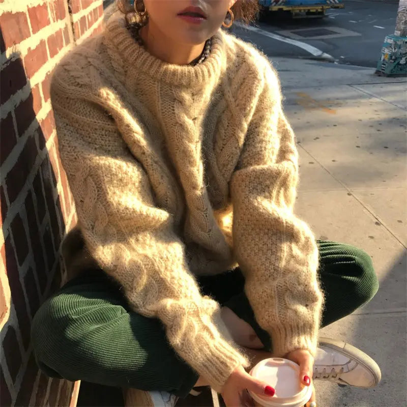 Thick Twisted Office Lady Tops Loose Apricot Pullovers High Street Knitted Sweater