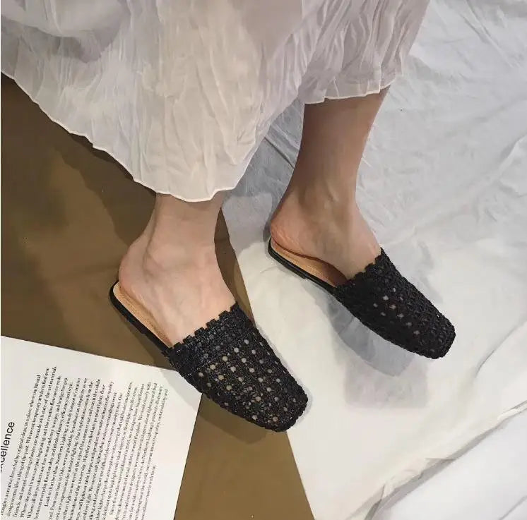 Shoes Slippers Soft Slides Slipers Cover Toe Low Loafers Fretwork Heels Comfort Flat Basic Fabric Rubber Cane Pu
