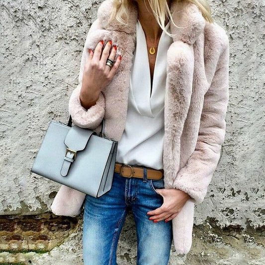 Dressbetty - Faux Fur Coat Autumn Winter Fluffy Warm Plush Teddy Jackets Long Sleeve Lapel Fur Coats Overcoat Outerwear