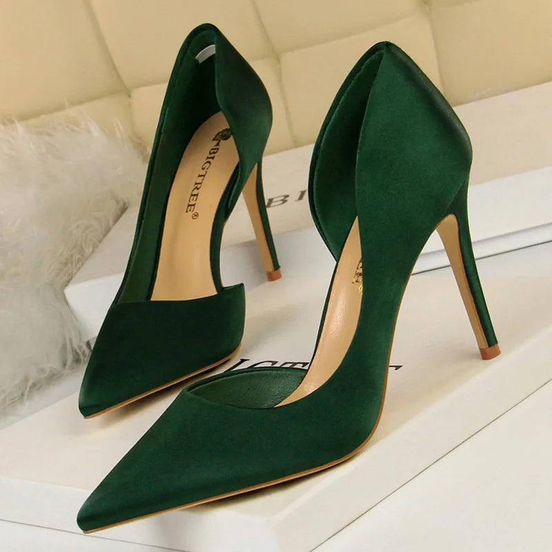 Shoes Woman Pumps Black Blue Sliver Heels Silk High Heels Shoes Stiletto Heels 9.5 Cm Shoes