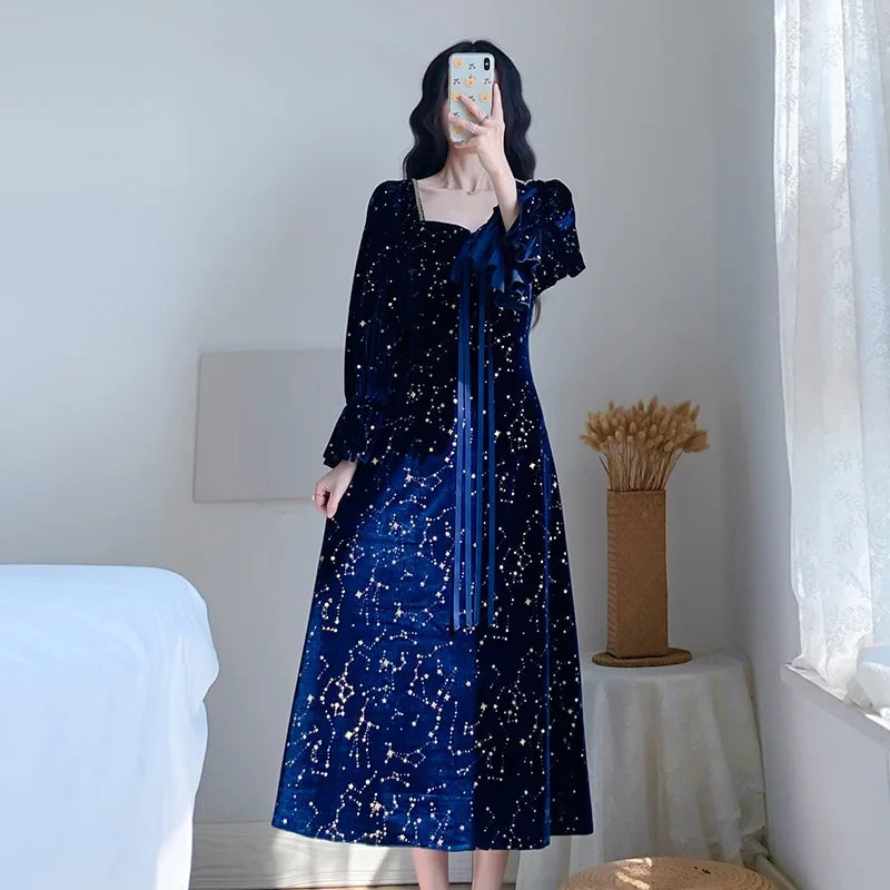Party Dress Evening French Retro Dress Female Long Sleeve Flroal Midi Dress Korean Autumn