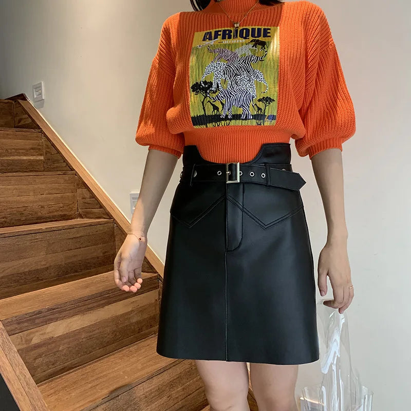 Autumn New Aline Small Leather Sheepskin Skirt Belt High Waist Shorts Leather Skirtsfemale Black Outfit