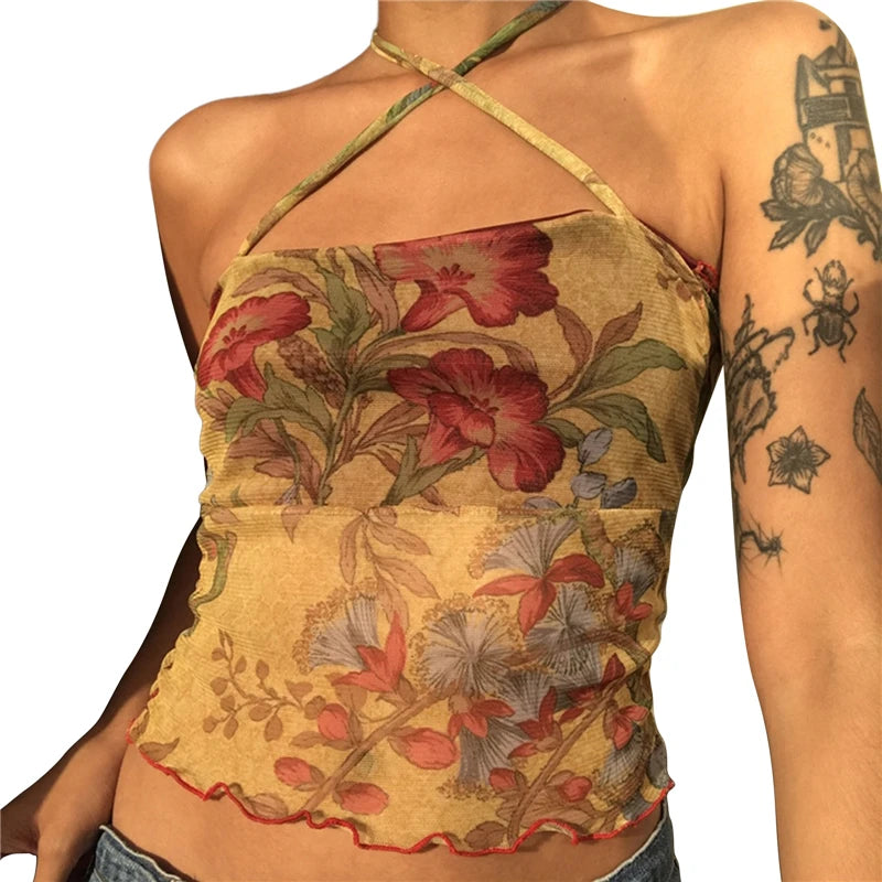 Y2k Mesh Sheer T-shirt E-girl 90s Halter Tops Sleeveless Slim Fit Crop Top Harajuku