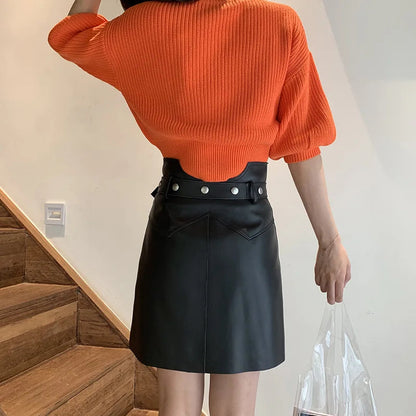Autumn New Aline Small Leather Sheepskin Skirt Belt High Waist Shorts Leather Skirtsfemale Black Outfit