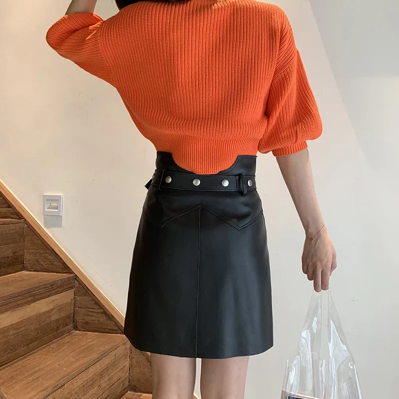 Autumn New Aline Small Leather Sheepskin Skirt Belt High Waist Shorts Leather Skirtsfemale Black Outfit