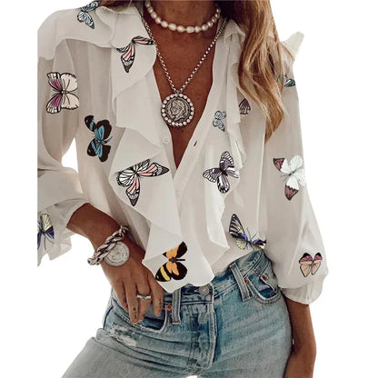 Long Sleeve Blouse V-neck Shirt Office Blouses Woman Clothes Ruffles Shirts
