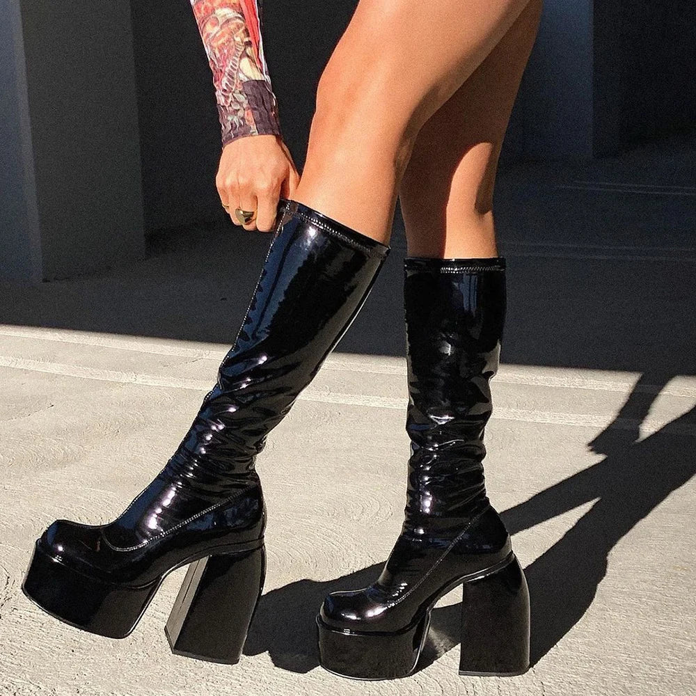Elastic Kneehigh Boots Chunky Platform High Heels Boots Black Zipper Punk Shoes Winter Botas De Mujer
