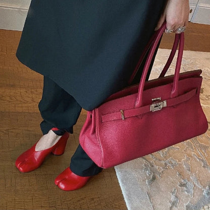 New Spring Split Toe Pumps Chunky Round Ankle Strap Buckle High Heels Red Leather Brand Design Winter Shoes