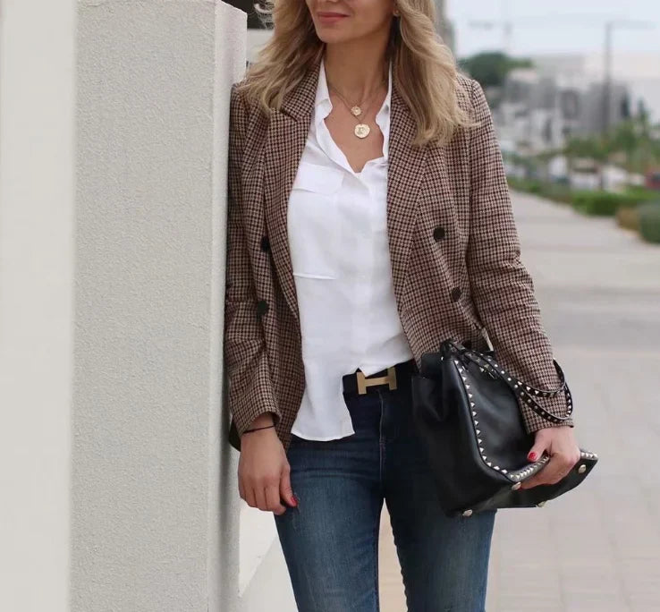 Fall Blazer Jacket Tops Office Wear Korean Plaid Blazer Orange Long Blazer Coat