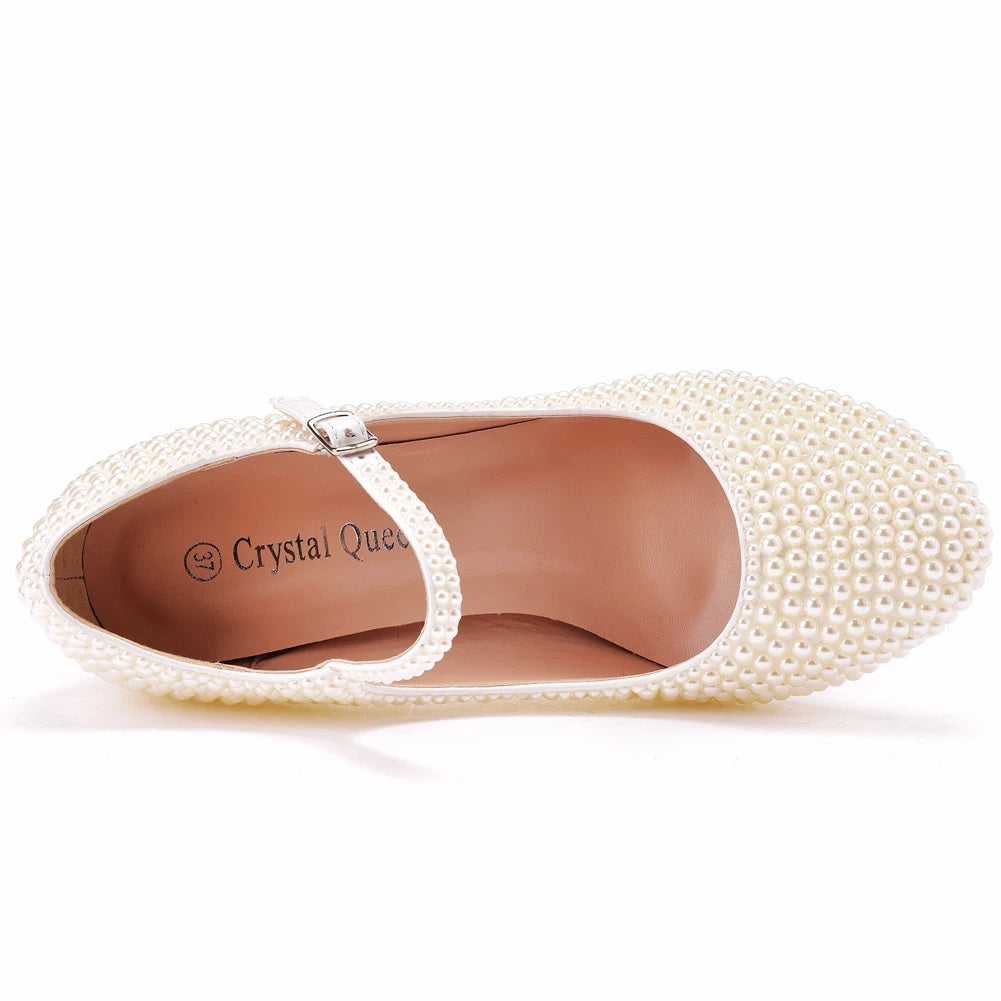 Crystal Queen Platform High Heels Mary Janes White Lolita Style Pumps Party Beige Pearl Wedding Shoes 7cm