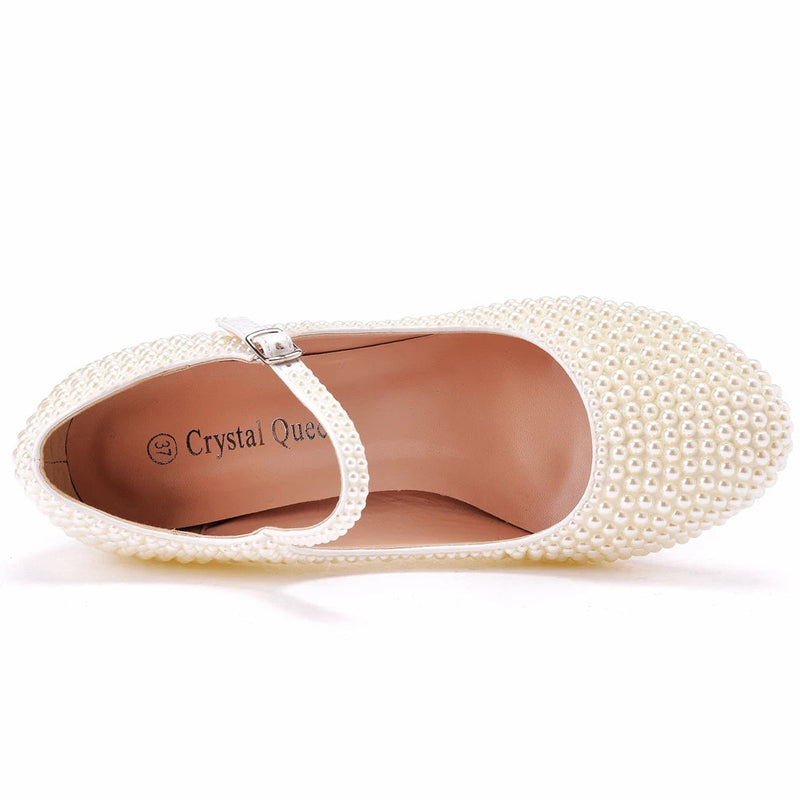 Crystal Queen Platform High Heels Mary Janes White Lolita Style Pumps Party Beige Pearl Wedding Shoes 7cm