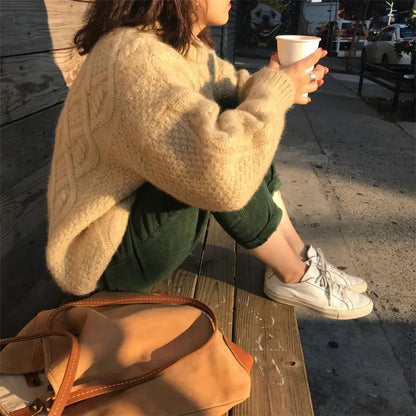 Thick Twisted Office Lady Tops Loose Apricot Pullovers High Street Knitted Sweater