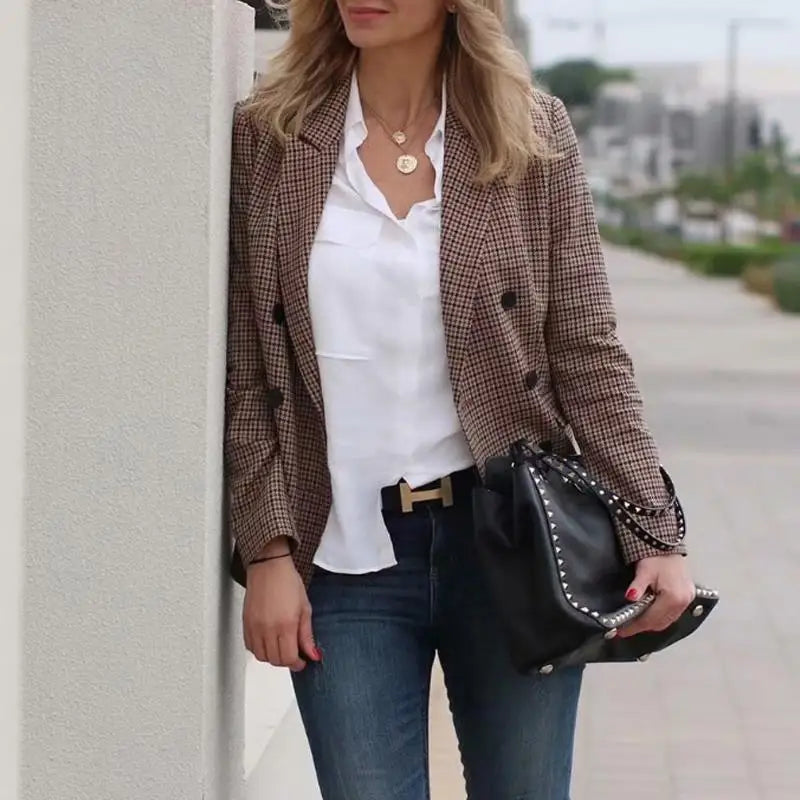Fall Blazer Jacket Tops Office Wear Korean Plaid Blazer Orange Long Blazer Coat