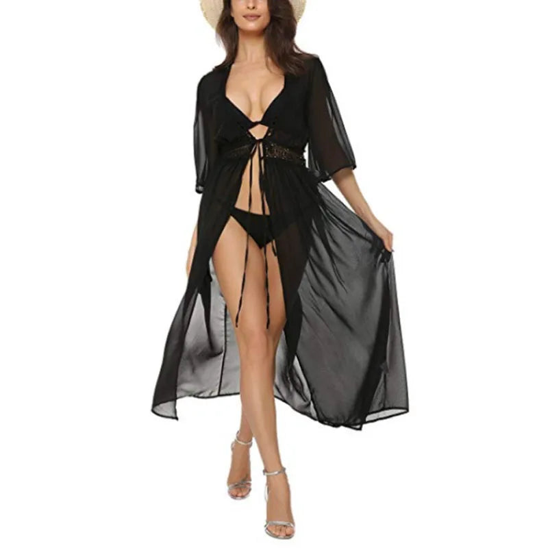 Beach Long Maxi Dress Beach Cover Up Bikini Tunic Pareo White V Neck Dress Robe Swimwear Bathing Suit Beachwear