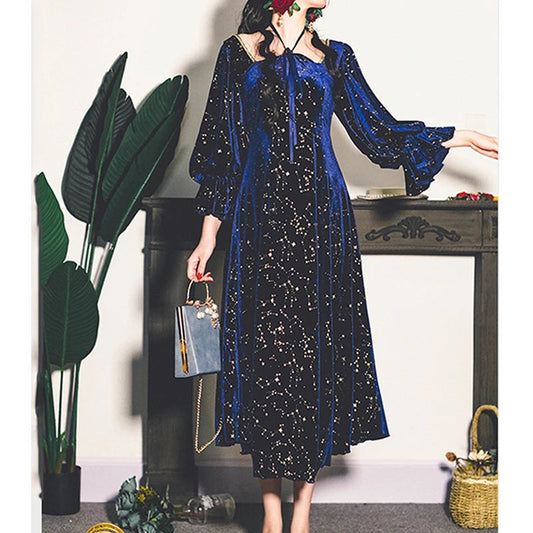 Party Dress Evening French Retro Dress Female Long Sleeve Flroal Midi Dress Korean Autumn