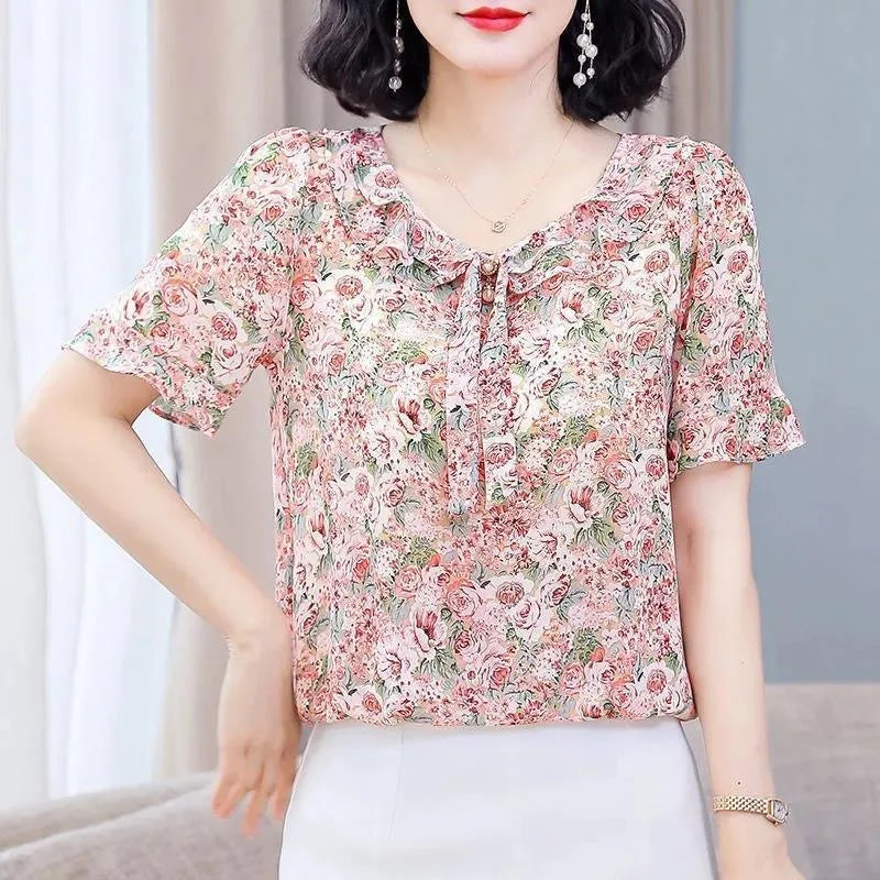 Spring Summer Style Chiffon Blouses Shirts Lady Short Flare Sleeve Bow Tie Collar Chiffon Blusas Tops Df4116