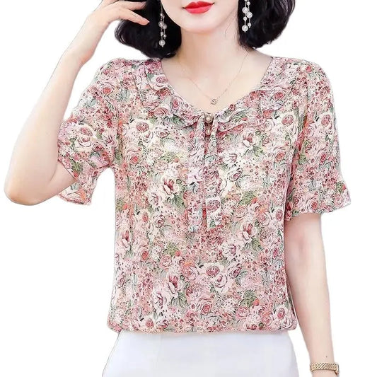 Spring Summer Style Chiffon Blouses Shirts Lady Short Flare Sleeve Bow Tie Collar Chiffon Blusas Tops Df4116