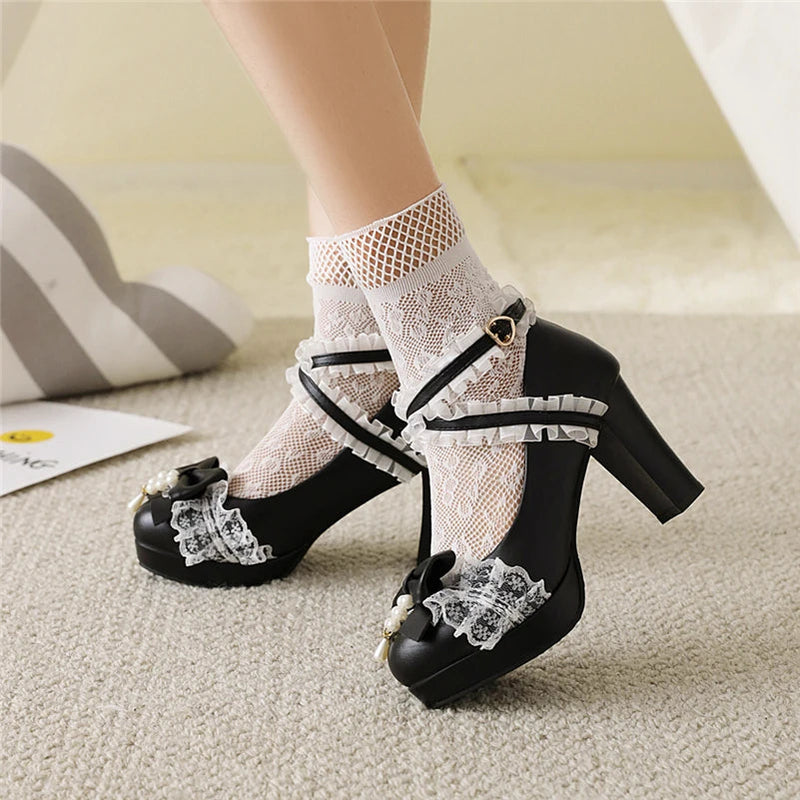 Woman Lolita Style Ankle Strap Shoes Platform Block High Heels Pumps Round Toe Bow Buckle Lady Footwear Spring 46 Blue