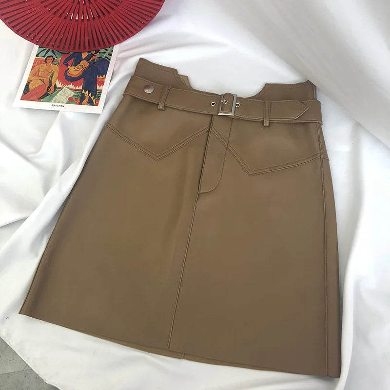 Autumn New Aline Small Leather Sheepskin Skirt Belt High Waist Shorts Leather Skirtsfemale Black Outfit
