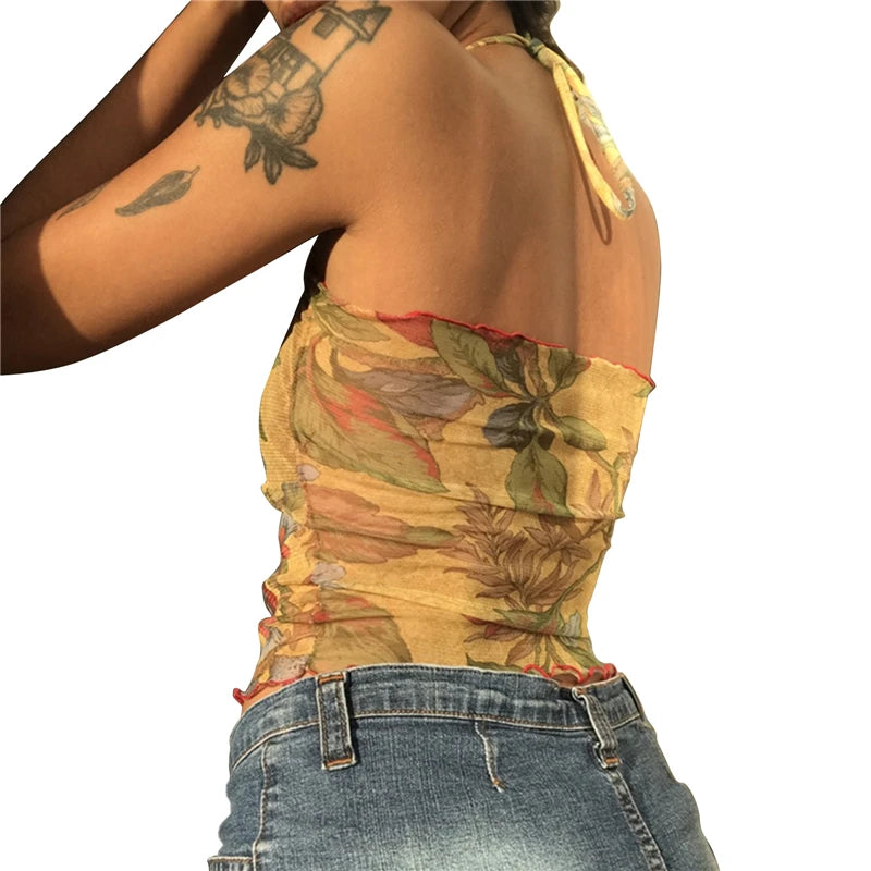 Y2k Mesh Sheer T-shirt E-girl 90s Halter Tops Sleeveless Slim Fit Crop Top Harajuku