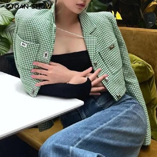 Retro French Style Green Check Plaid Weavon Cropped Blazer Notched Metal Buckle Buttons High Waist Suit Short Coat Outwear