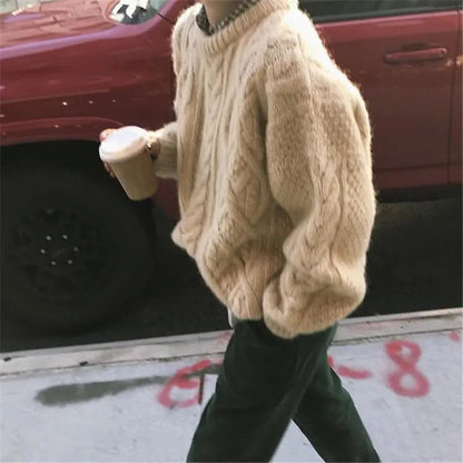 Thick Twisted Office Lady Tops Loose Apricot Pullovers High Street Knitted Sweater