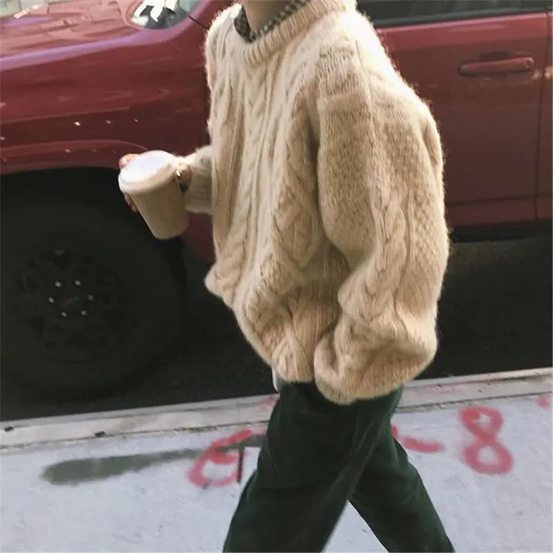 Thick Twisted Office Lady Tops Loose Apricot Pullovers High Street Knitted Sweater