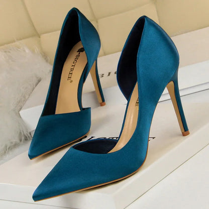 Shoes Woman Pumps Black Blue Sliver Heels Silk High Heels Shoes Stiletto Heels 9.5 Cm Shoes