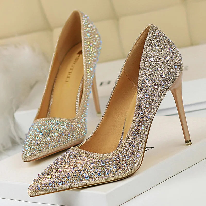 Shoes Rhinestone Woman Pumps Wedding Shoes Basic Pump Stiletto Heels 10cm 7cm Heeled Shoes High Heels