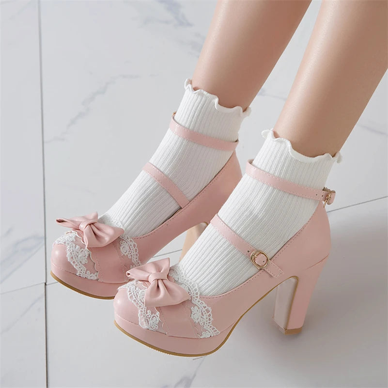 Woman Lolita Style Buckle Shoes Platform Block High Heels Pumps Bow Round Toe Ankle Strap Lady Pumps Spring 3443 Pink