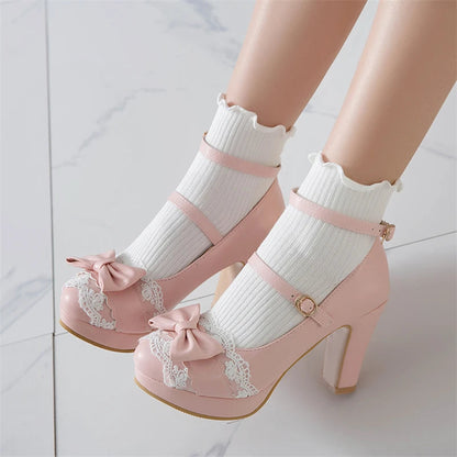 Woman Lolita Style Buckle Shoes Platform Block High Heels Pumps Bow Round Toe Ankle Strap Lady Pumps Spring 3443 Pink