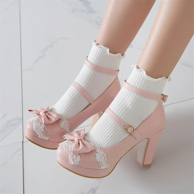 Woman Lolita Style Buckle Shoes Platform Block High Heels Pumps Bow Round Toe Ankle Strap Lady Pumps Spring 3443 Pink