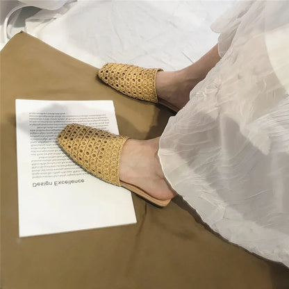 Shoes Slippers Soft Slides Slipers Cover Toe Low Loafers Fretwork Heels Comfort Flat Basic Fabric Rubber Cane Pu
