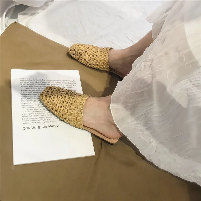 Shoes Slippers Soft Slides Slipers Cover Toe Low Loafers Fretwork Heels Comfort Flat Basic Fabric Rubber Cane Pu