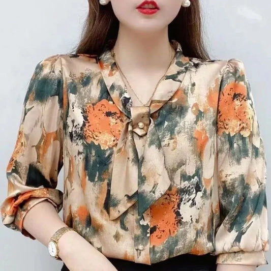 Spring Summer Style Chiffon Blouses Shirts Lady Half Sleeve Bow Tie Collar Printed Blouses Tops Df4198
