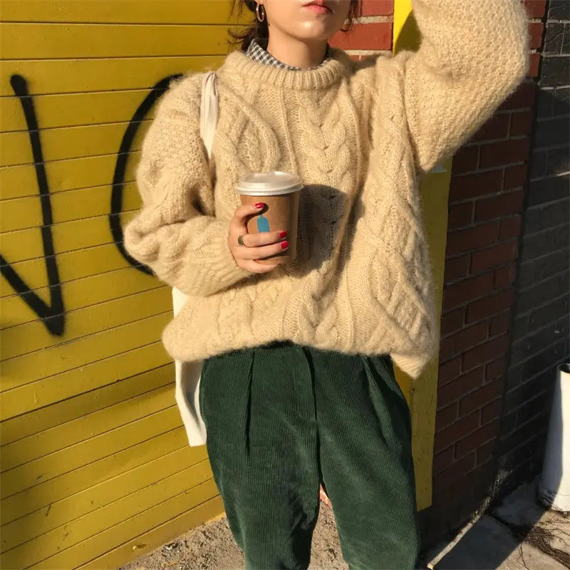 Thick Twisted Office Lady Tops Loose Apricot Pullovers High Street Knitted Sweater