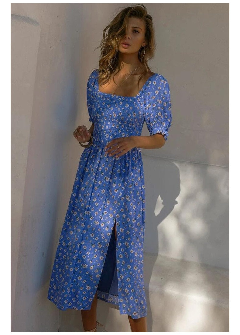 Midi Dress Print Split Blue Sundress Party Beach Dress