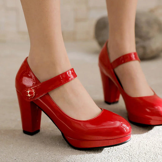 High Heels Mary Janes Shoes Patent Red Pink White Heeled Party Wedding Shoes Female Dress Pumps Large Size 45