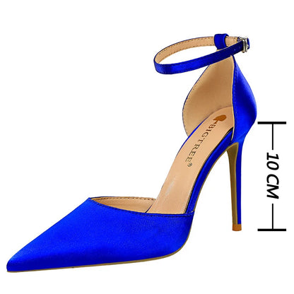Shoes Satin With Shallow Pointed Pumps Buckle High Heels Female Shoes Stiletto Heels Sandals Party Shoes