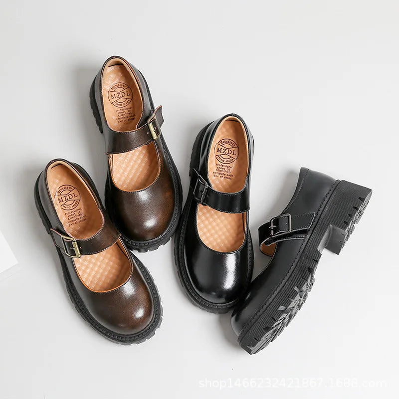 Thicksoled English Leather Shoes Spring New Mary Jane Round Toe Retro Single Shoes Genuine Leather