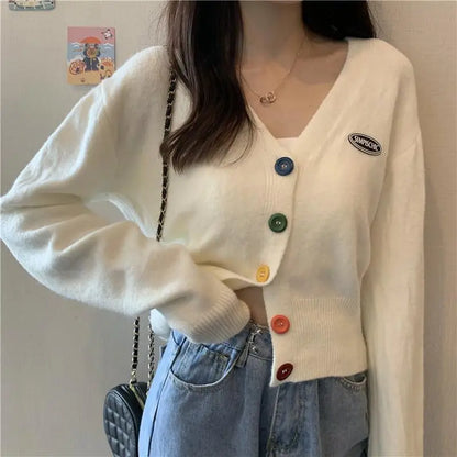 Knit Korean Crop Sweaters Cardigan for Oversize Long Sleeve Top Knitwear Autumn Short Outerwear Clothes V Neck