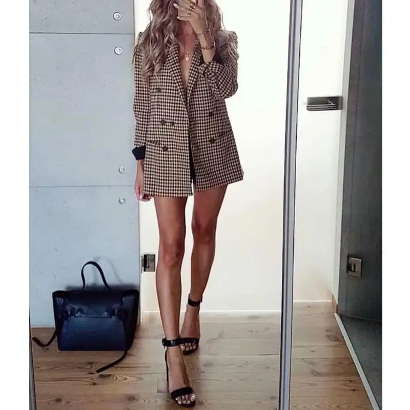 Fall Blazer Jacket Tops Office Wear Korean Plaid Blazer Orange Long Blazer Coat